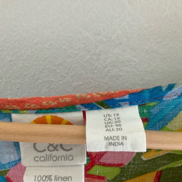 C&C California 1X Multicolor 100% Linen Tropical Foliage Print High Low Top - Picture 7 of 8